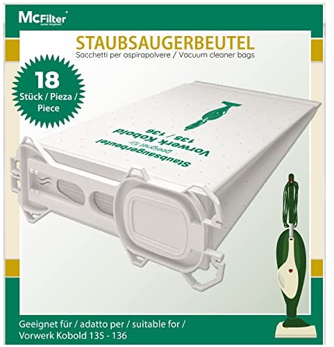 McFilter | 18 bolsas para aspiradora compatibles con aspiradoras Vorwerk Kobold VK 135 136 135SC VK135 VK136 con cierre higiénico | alternativa para FP135/136 | tipo de bolsa VO 8335