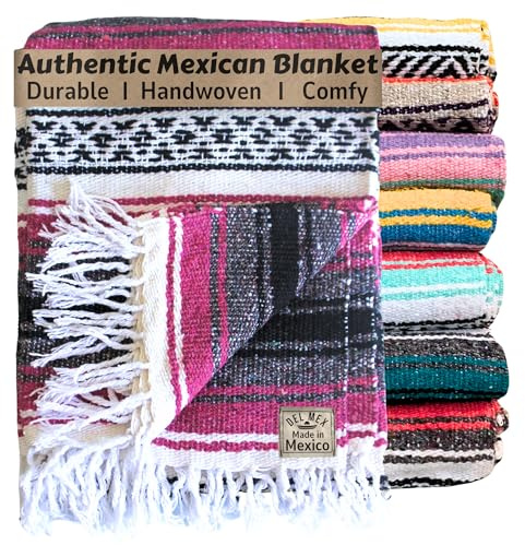 Del Mex Classic Mexican Blanket, Large Authentic Woven Falsa Throw (70x50), Artisan Southwest Décor for Beach, Yoga, Outdoors (Hot Pink/Fuchsia)