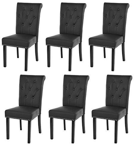 Mendler 6er-Set Esszimmerstuhl Chesterfield II, Stuhl Küchenstuhl, Nieten - Kunstleder, schwarz, dunkle Beine