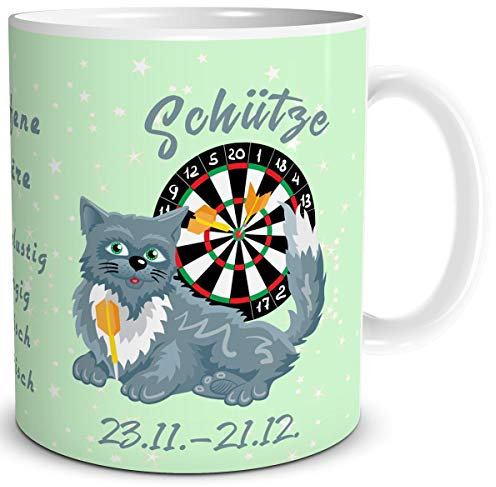TRIOSK Tasse Katze lustig mit Spruch Sternzeichen Schütze Katzenmotiv Geschenk Geburtstagstasse für Katzenliebhaber Frauen Freundin