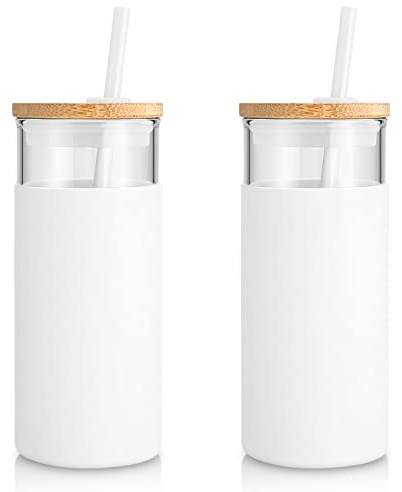 Tronco 20 oz Glass Tumbler with Lid and Straw, Iced Coffee Cup and Smoothie Cup with Bamboo Lids & Protective Silicone Sleeve, Dishwasher Safe, BPA-Free, Glass Cup 2 Pack