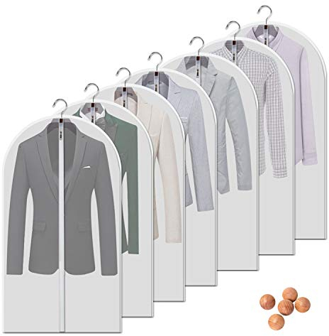 VOSIGREEN Dust Proof Clear Garment Bags 7 Piece Set - 40 Inch Translucent Suit Bags with Full-Length Zipper for Closet Clothes Storage and Travel. Bonus: 5 Natural Cedar Ball.