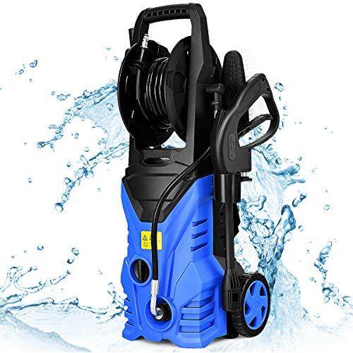 GOPLUS Nettoyeur Haute Pression 1400W, 140 Bar, 300 L/H avec Buse Lotus, Buse Haute Pression, Brosse et Pot de Lessive, Enrouleur Flexible, Tuyau 5M avec 2 Roues pour Voiture, Jardin, Terrasse (Bleu)