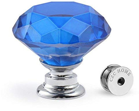 CZC HOME 10pcs 30mm Crystal Glass Door Drawer Knobs Diamond Cut Drawer Handles with 3 Sizes Screws for Cupboard Cabinet Wardrobe Home Decorating, Blue