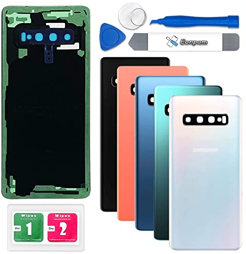 Eonpam Akkudeckel für Samsung Galaxy S10 G973 Rückseite Glas Backcover Ersatz Reparatur Set mit Kameraglas (Prisma Weiß)