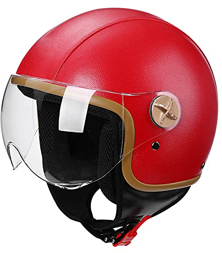 Motorrad Roller Offenes Jet Helm Scooter Moped Mofa Helm Herren Damen Retro Vintage Pilot Biker Open Face Helmet Erwachsener Sturzhelm DOT/ECE-Zertifizierung,Rot,L