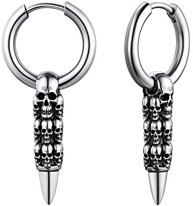 Richsteel Pendientes Redondos Colgantes Cabeza de Demonio Craneo, Aros con Detalles Calaveras Acero Inoxidable color Platino