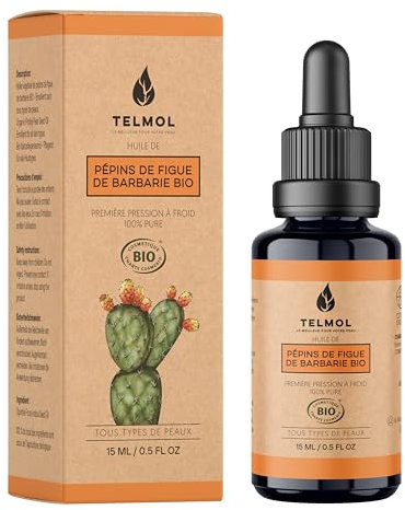 TELMOL Huile de Pépins de Figue de Barbarie Bio (15ml) — Flacon en verre violet biophotonique & Pipette — 100% Pure, Première Pression à Froid — Huile de Figue de Barbarie Bio Visage Anti-Âge