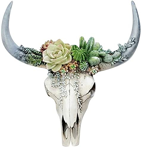 3D Kuhschädel Kunstharz, Kuhschädel Deko Stierkopf mit Sukkulente Rosenblumen Bulle Tierkopf Trophäe Longhorn Schädel Deko Bulle Kopf mit Tribal Wanddeko für Haus Wohnzimmer Büro, 20cmx20cmx5cm
