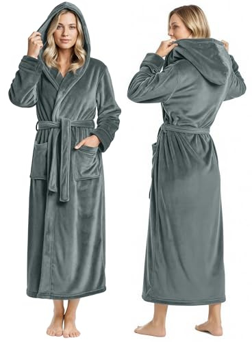 NY Threads Womens Fleece Hooded Plush Long Robe, Dark Grey, S