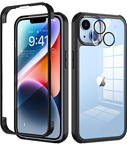 seacosmo Kompatibel für iPhone 14 Hülle mit eingebautem Panzerglas Displayschutz und Kamera Schutzfolie [9H HD], 360 Grad Handyhülle Ganzkörper Stoßfeste iPhone 14 Case - Schwarz