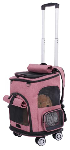 Falytemow Katze Träger Rucksack mit Rädern Welpen Tragetasche mit Ventilator zusammenklappbare Haustier Käfige auf Rollwagen mit Abnehmbarer Basis und Teleskopgriff für kleine Haustiere unter 8kg