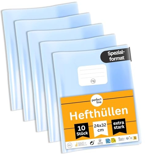 perfect line - 10 Hefthüllen - 32 x 24 cm, Glas-Klar & Extra-Stark, Buch-, Heft-Umschlag transparent und aus recyclebarem PP, dokumentenecht