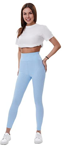 Lookus - Womens 'ZELAL' Everyday Fitness Essential Slimming Tummy Control Compression High Waisted Soft & Stretchy Ribbed Leggings with Elasticated Waist (S/Single/Baby Blue)