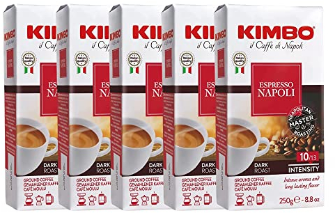 Kimbo Coffee Espresso Napoli Ground 5 x 250g | Italian Medium Dark Roast Ground Coffee | For Coffee Machines, Moka Pots & Cafetieres | Roasted in Naples Italy