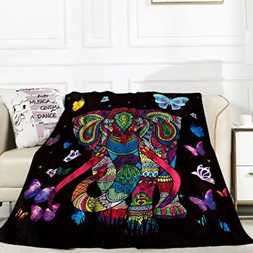 Teslite Decke Elefant für Frau Mädchen Weich Warm Boho kuscheldecke Flauschig Galaxis Schmetterling Flanell Fleecedecke Elefanten Wohndecke Überwurfdecke Sofa 150 x 200cm, Boho-elefant - Schwarz