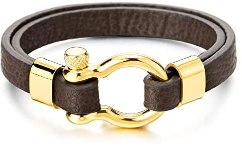 COOLSTEELANDBEYOND Oro Vite Ancoraggio Grillo Braccialetto, Uomo Donna Bracciali Avvolgere Due File Marrone Cuoio, Nautico Fascia di Polso