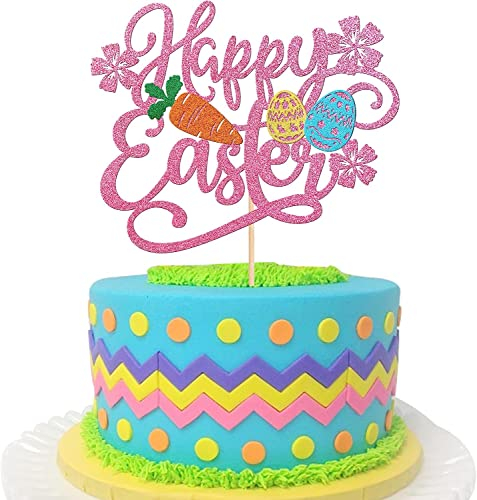 1 Stück Happy Easter Tortendeko Glitzer Ostern Cake Topper mit Karotte Bunte Eier Kuchen Deko für Ostern Thema Party Baby Dusche Kinder Geburtstag Party Supplies Rosa
