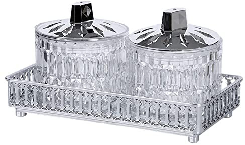 2pcs Crystal Set with Mirror Glass Tray Plastic Jars with Airtight Lids 400 ML Sweet Jars Spices Jars Kitchen Decor Canisters with Decorative Tray Storage Organiser (Silver)