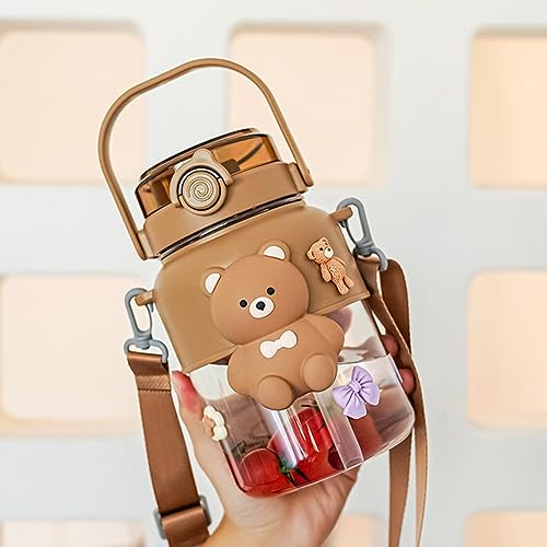 Azazaza Bouteille d'eau de 1 000 ml avec paille et sangle, motif ours mignon 3D pour adolescents, filles, enfants, école, sport (café)
