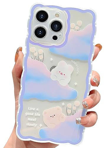 HZLFCZL Compatible with iPhone 15 Pro Max Case Cute Clear Cartoon Cloud Bear Rabbit Pattern Design Women Girls Aesthetic Kawaii Slim Soft TPU Transparent Phone Case for iPhone iPhone 15 Pro Max-Blue