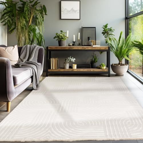 SIMPEX Kurzflor Teppich Wohnzimmer 160x230 cm Creme Modern Skandinavisch Boho Design Einfarbig 3D Effekt Weich Waschbar Pflegeleicht für Schlafzimmer Esszimmer