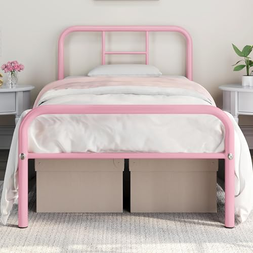 Yaheetech Metallbett 90 x 200 cm Bettrahmen mit Lattenrost Bettgestelle mit Kopfteil Einzelbett Gästebett für Schlafzimmer Gästezimmer Hellrosa