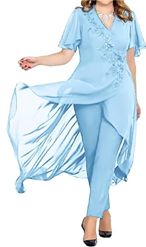 JIIL Brautmutter Hosenanzug 2 Teilig Chiffon Formall Hochzeitsgast Kleid mit Ärmel Übergröße Himmelblau 52