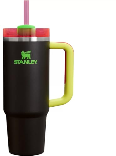 STANLEY Quencher H2.0 FlowState Trinkbecher, vakuumisoliert, aus Edelstahl mit Deckel und Trinkhalm, für Wasser, Eistee oder Kaffee (Schwarz-Neon, 1,2 Liter)