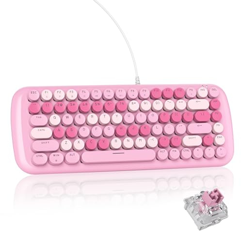 iRoboosta Pink Creamy Mechanical Gaming Keyboard, Aesthetic w/White Backlit, 84 Keys Cute Retro Typewriter Computer Keyboard Wired, Round Keycaps for Windows/PC/PS5