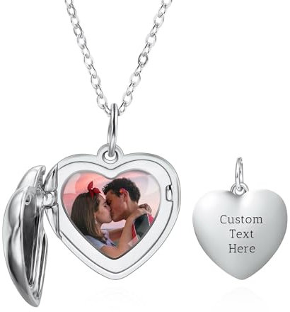 OTXIXTO Personalisierte Herz Medaillon Halskette mit Bild Innen Individuell Foto/Text Herz Medaillon Anhänger Halskette 925 Silber Herz Medaillon Charm Halsketten für Freundin Mutter (A1: Silber)