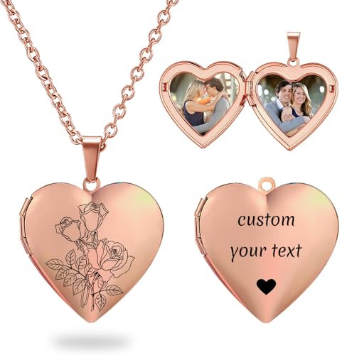 PHOCKSIN Rose Gold Heart Locket Necklace 12 Birth Flowers Personalised Love Heart Necklace that Holds Pictures Customised Gifts Locket Necklaces for Girls Birthday