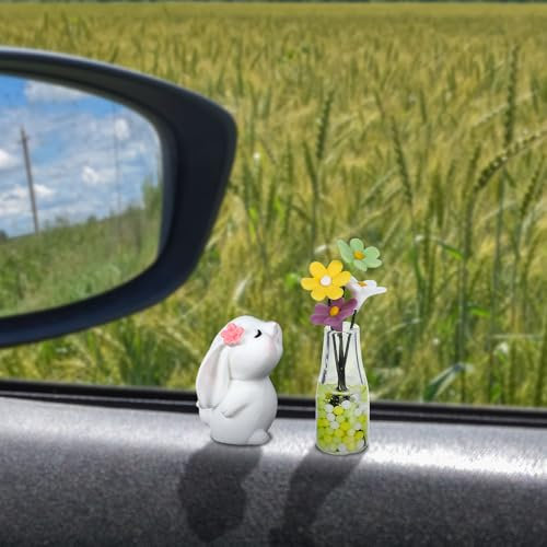 Nogeqi Bunny and Daisy Car Dashboard Accessories,Fun Rabbit and Flower Car Decorations Interior,Mini Cute Rabbit Vase Kawaii Car Accessories with Adhesive Tape for Women and Men Home Office