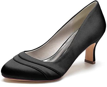 GYYZAYH Womens Satin Slip On Bridal Shoes Round Toe Wedding Pumps Mary Jane Shoes Formal Party Dress Shoes,Black,6 UK