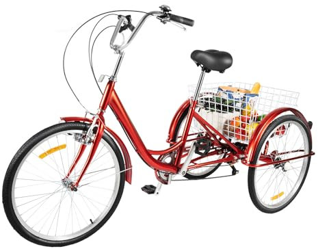 Caskunbsy 24 Zoll Dreirad FüR Erwachsene Dreirad FüR ÄLtere Dreirad Fahrrad Mit Einstellbarer Geschwindigkeit,Dreirad FüR Erwachsene Gebraucht Mit Led Licht GemüSekorb Becherhalter(Rot)