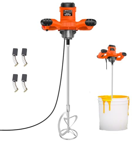 2400W Elektrischer Mörtelrührer Handgehaltener Rührwerk Rührer zum Mischen von Farbe, Putz, Zement, mit Rührstab Bar 1700U/min, 6 einstellbare Geschwindigkeit Sperrtaste, Dual Griffe, Orange