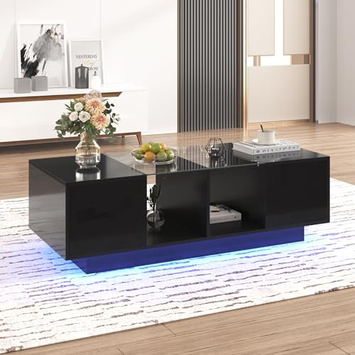 Azkoeesy Moderner Wohnzimmertisch Kaffeetisch mit LED-Beleuchtung, Couchtisch 120 cm in Hochglanz, mit Glasplatte und viel Stauraum (Schwarz)