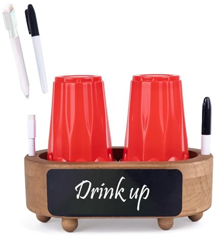 Double Wooden Cup Holder with Marker Slot,Bathroom Cup Dispenser,Disposable Mug Holder,for Party Home Decoration,Classic Brown Color,Simplicity.