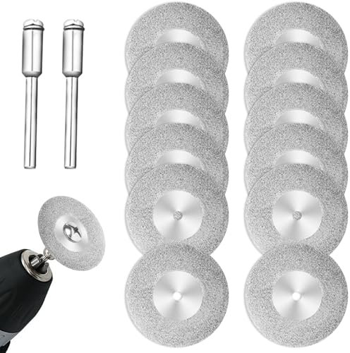 12 Pcs 40mm Diamond Cutting Wheels Gemstones Glass Cutting Discs Wheels Rotary Cut Tool with 2 Pcs Mandrels for Rotary Tool Accessories for Metal Glass Ceramics Porcelain Gem Stones