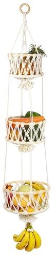 SAUNNIHEN 3 Tier Hanging Fruit Basket, Large Hanging Storage Baskets, Space Saving Fruit Storage Basket for Kitchen Vegetable Plant (120 cm)