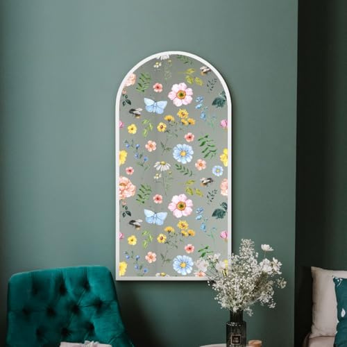 MirrorOutlet The Typis - White Metal Frame Edged Modern Round Arch Edge Wall Mirror With Colour Flower Printed Decal 47 x 24 (120CM X 60CM) Silver Mirror Glass with White Frame