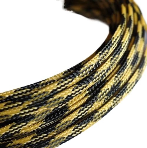 Cable Tidy Management Sleeve, Braided Expandable Cable Sleeves Flat Snakeskin Multicolor Multiple Sizes For Cables(Black Yellow,3.0MM-10 METERS)