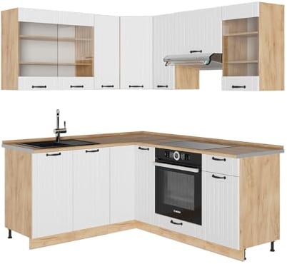 Vicco Eckküche Fame-Line, Weiß Landhaus/Goldkraft Eiche, 190 x 160 cm
