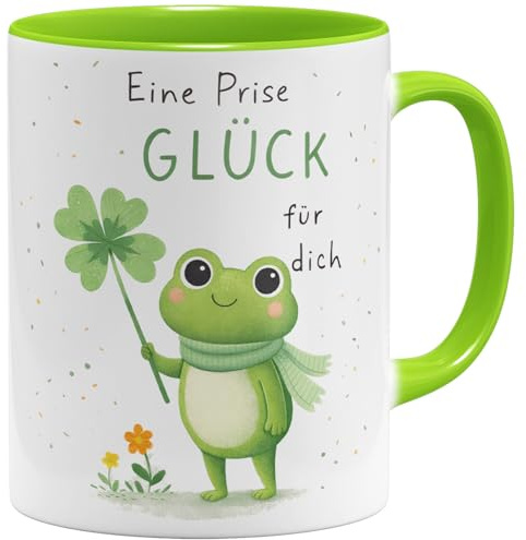 OM3 Eine Prise Glück Coffee Mug with Saying - Loving Saying Mug with Frog - Ceramic Mug - 325 ml - Printed on Both Sides - Light Green