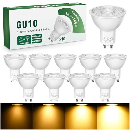 GU10 LED Bulbs, Dimmable, Warm White 3000K, 7W, 500LM, 38° Beam Angle, 220-240V, Halogen Replacement, No Flickering, Pack of 10