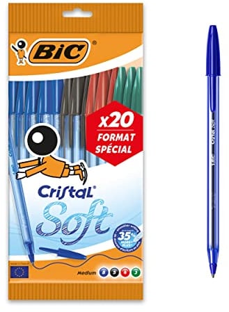 BIC Cristal Soft, Boligrafos de Punta Media (1,2mm), Óptimo para Uso Escolar y de Oficina, 4 Colores, Paquete de 20 Unidades