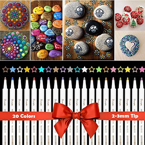 O-Kinee Premium Acrylstifte Marker Stifte für Steine, 20 Farben Marker Paint Pen, Metallic Stifte für DIY Fotoalbum Stein Metall Leinwand Papier Glas Kunststoff Keramik Holz Leder