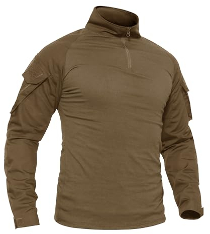 TACVASEN Herren Tactical Combat Shirt Flecktarn Slim Fit Langarm Paintball Airsoft Army Hemd Bundeswehr T-Shirt (L, Braun)