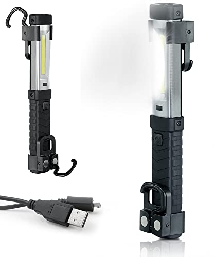 Wiederaufladbare LED USB Arbeitsleuchte mit 2 Haken und Magnet - COB + XPE Taschenlampe Werkstattlampe Inspektionsleuchte für Auto Reparatur, Werkstatt, Camping - Beleuchtung Reichweite ca. 300m