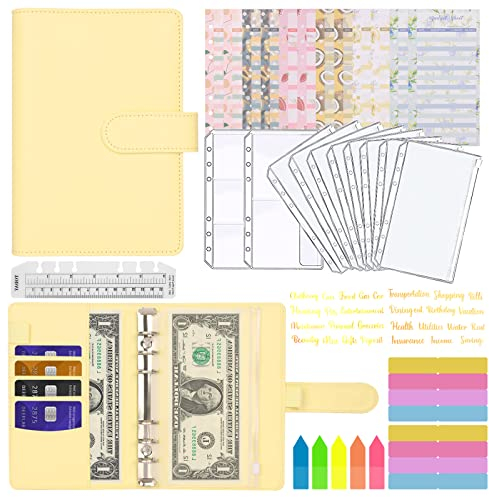 Portadocumenti in Pelle A6 PU, MARICATO 29pcs Raccoglitore ad 6 Anelli, Raccoglitore Notebook con Buste Trasparenti Rimovibile e Budget Planner, per Lavoro e Casa Budget Organizzatore-Giallo